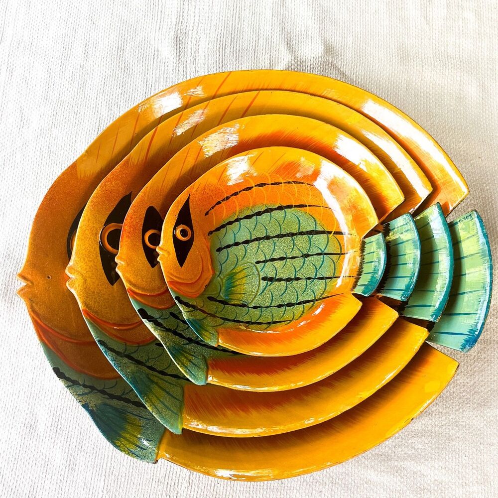 Vintage Spanish Fish Nesting Plates Set Hand Painted Tropical Serving Dishes